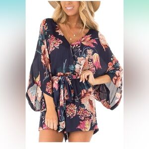 Relipop Womens Floral V Neck Baggy Sleeve Waist Tie Knot Casual Romper